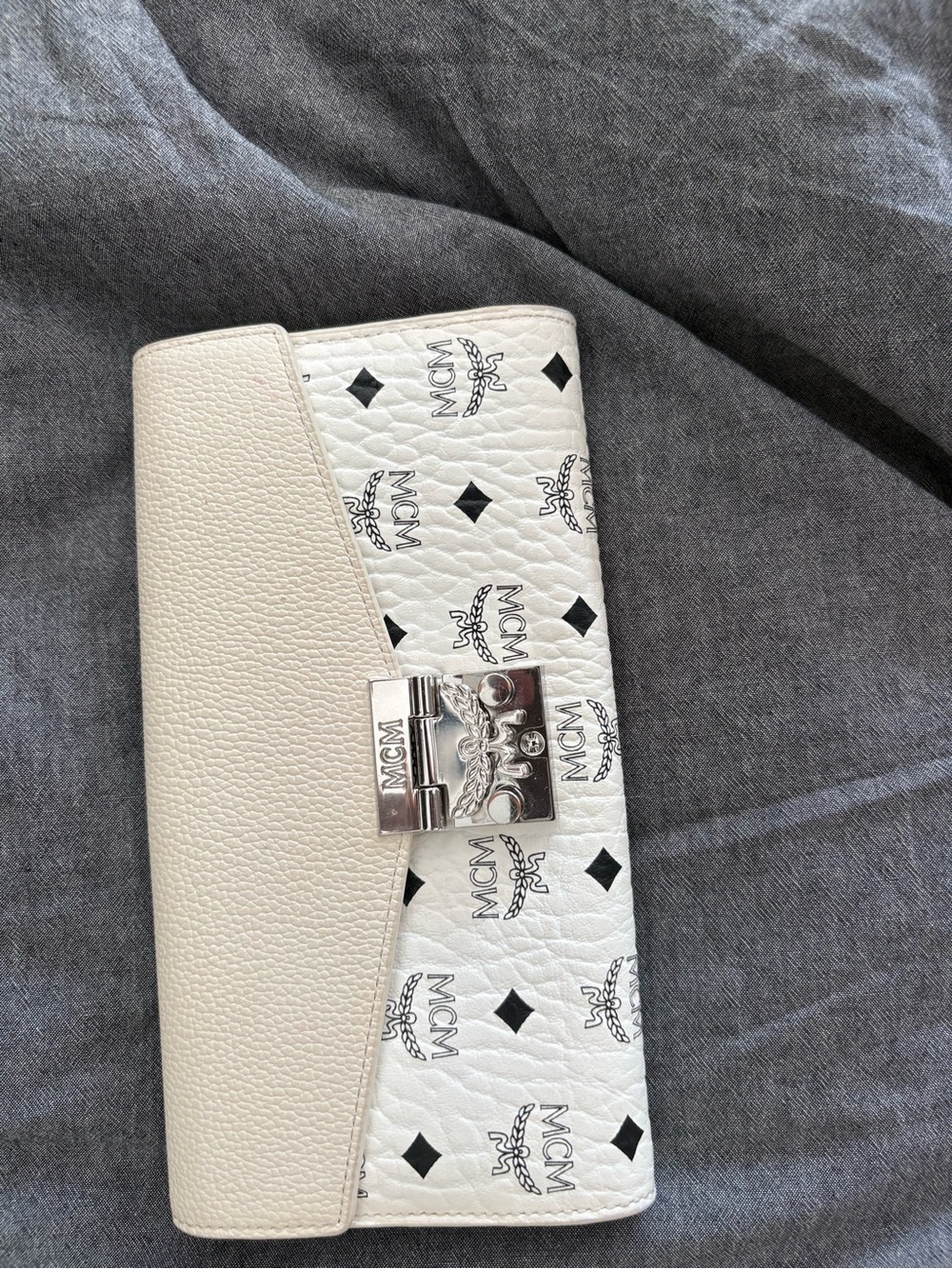 MCM White and Black Logo-Print Leather Clutch with Silver Lock